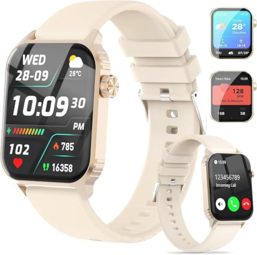 Image of TRAUSI Smart Watches for Women Men, 1.83 inches HD Smartwatch with 120 Sports Modes, Heart Rate/Sleep Monitor, IP67 Waterproof, Bluetooth Call & Music Control for iPhone/Android (Golden)