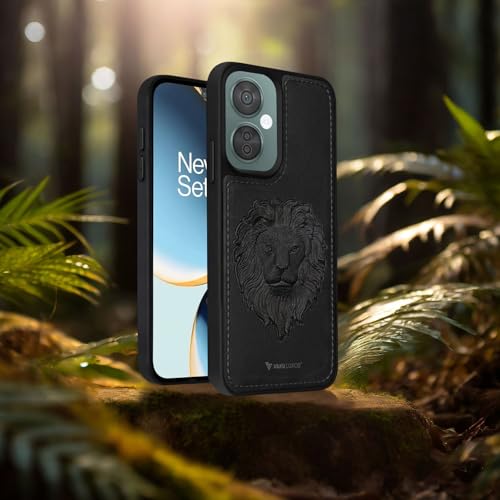 Image of Vaku Luxos Lion Embossed Back Cover Case for OnePlus Nord CE 3 Lite Premium Leather Stitched Soft Shockproof Protective TPU Phone Case Camera Screen Protector- Black
