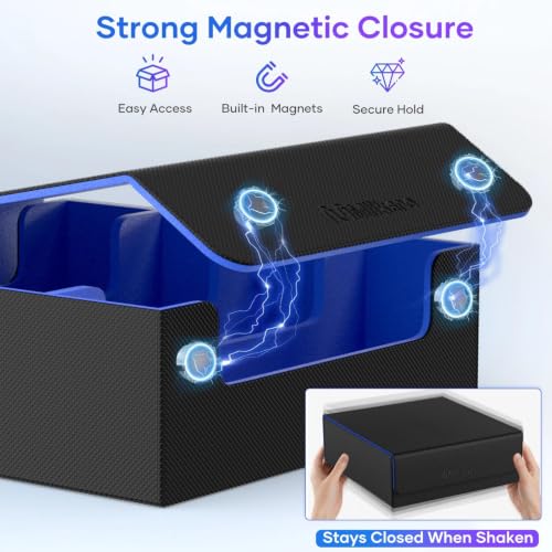 Image of Mlikero Trading Card Storage Box, Bulk Card Storage for 2400+ Sleeved Cards, PU Leather Magnetic Closure Card Organizer with 10 Dividers & 4 Foam Stoppers, Fit for MTG, TCG and Sports Cards (Blue)
