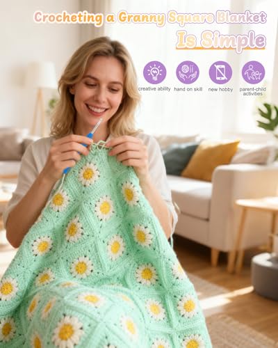 Image of Coopay Crochet Blanket Kit for Beginners, All-in-One Granny Square Blanket Kit with Step-by-Step Video & Enough Yarns - Master Granny Square Crocheting Easily, Ideal Gift for Craft Lovers (Aqua Green)