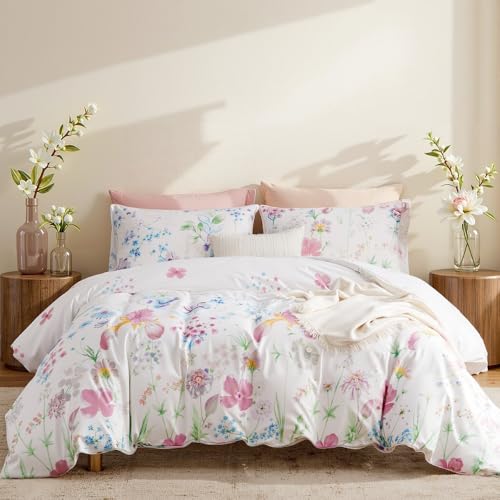 Lanqinglv Set Housse de Couette 240x260 cm 2 Personnes et 2 x Taie d'oreillers 65x65 cm Adulte Lilas Blanc Floral Parure de Linge de Lit Motif Feuilles Fleurs avec...