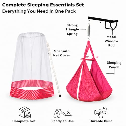 Image of VParents Sleeping Essentials with Mosquito Net & Spring with Window Stand, Small Dot (Red)