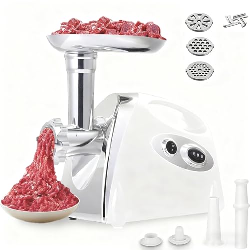電動ミートグラインダーミンサー、2800ワットステンレス製ミンチマシン、3種類の挽き目プレート&ソーセージスタッファー&キッベアタッチメント付属、家庭用キッチン向けソーセージ製造・肉挽き・食品加工用 white