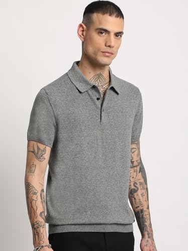 Image of Men Blue Solid Regular Fit Polo Collar T-Shirt
