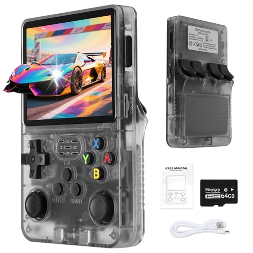 Unokit R36S Handheld Retro Game Console, 3.5 Inch IPS Screen with Open Source Linux System, 64G TF Card 10,000+ Retro Classic Games, 3200mAh Battery, handheld games consoles, Black