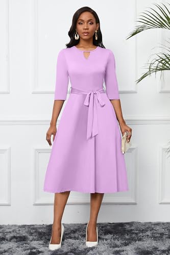 Image of CLOCOR Midi Dresses for Women Casual A-Line Fit and Flare Dress Crewneck 3 /4 Sleeve Keyhole Cocktail Party Church Dress