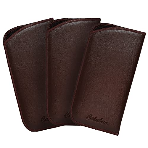 Image of Calabria Slim Faux Leather Eyeglass Case Soft Slip-In Design [Brown without Clip - 3 Pack] | Compact Protective Pouch | Soft Case for Glasses | Lightweight Sunglass Storage