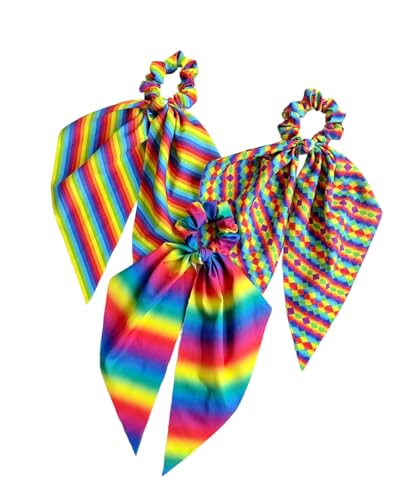 Rainbow Hair Scrunchies Striped Rainbows Ponytail Holder Pride Rainbow Hair Ring Tie JHP20 (3 Pcs-C4)