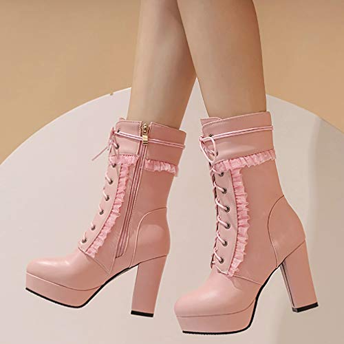 Parisuit Womens Chunky High Heel Platform Ankle Booties Sweet Lace Up Boots with Side Zipper Cosplay Shoes4