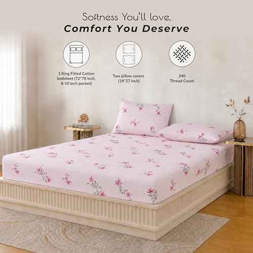 Image of King Size Elastic Fitted Bedsheet, 100% Pure Cotton King Size Fitted Bedsheet for Double Bed with 2 Pillow Covers, 240 TC, 72x78 Inches up to 8-inch Mattress, Floral (Blush Bloom)