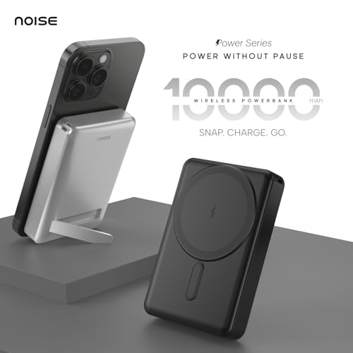 Image of Noise 10000mAh MagSafe Wireless Power Bank: Built-in Stand, Metallic Finish, Upto 15W Wireless & 22W Wired Output, For iPhone 12 & above,Android (Qi-Compatible) + Magnetic Ring (Silver)