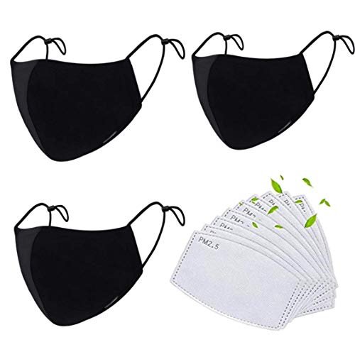 Mascarillas de tela de algodn reutilizables negras, Pack 3 mascarillas de tela lavable con 9 filtros