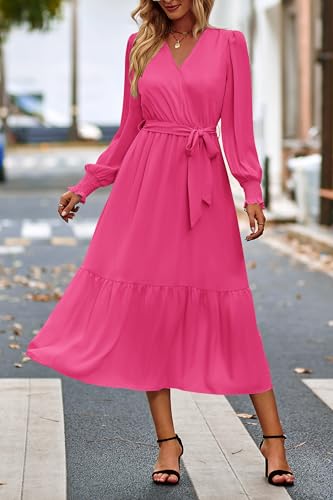 Image of PRETTYGARDEN Women's Floral Boho Dress Fall Long Sleeve Wrap V Neck Ruffle Flowy Maxi Spring Wedding Guest Vacation Dresses