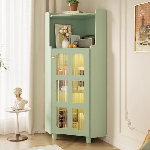 OLIVIBED Armario esquinero con estantes, armario de baño con 1 puerta corredera y partición abierta, armario de baño con cristal, color verde