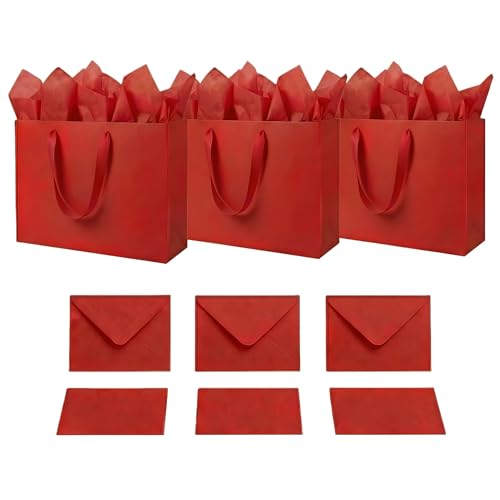 JUNESHE Teal Gift Bags Set of 3, 13.8 inch Paper Bag with Handles Matching Card Envelop Sticker Tissue Paper for Party Shopping Birthday Wedding Anniversary Turquoise
