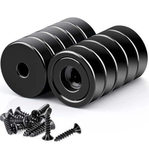 10 Stück Neodym Magnete Extra Stark Schwarz 16 x 5 mm mit Loch und Kapsel 8 KG Kraft Senkkopf-Topfmagnet mit Schrauben Starke Magnete für Küchen Kühlschrank Badezimmer Büros Lager