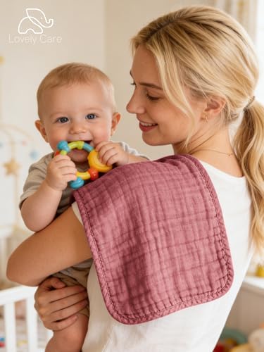 Image of Lovely Care 12 Pack Muslin Burp Cloths 100% Cotton Muslin Cloths Large 20''x10'' Extra Soft and Absorbent Baby Burping Cloth - Blush and Terracotta