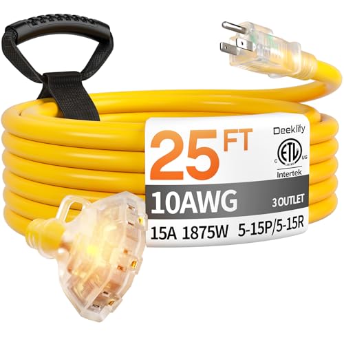 Deeklify 25 ft 10 Gauge Heavy Duty 3 Outlet Extension Cord Splitter with Indicator Waterproof Outdoor Extension Cord with Multiple Outlets 15A 1875W for Workshop ETL Listed Flexible Yellow SJTW