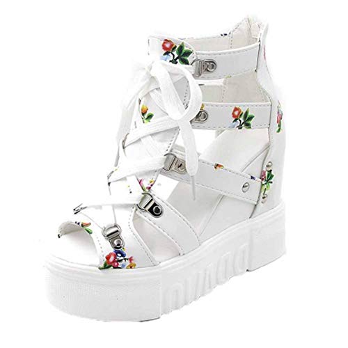Femmes évider Talons Hauts été Lacets Sandales à Plateforme Mode Impression Florale Pompes Décontractées Bout Ouvert Poisson Bouche Chaussures Compensées Cover