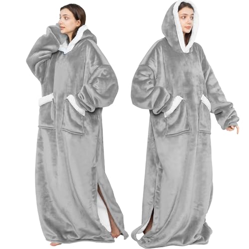 Emwwat Coperta con Cappuccio in Flanella, TV Oversize con Maniche e Tasche Giganti, Versatile per Uomini e Donne Adulti (Cenere)