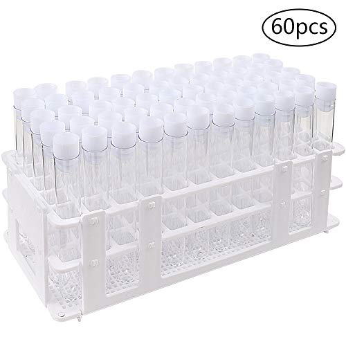 DEPEPE 60pcs Clear Plastic Test Tubes with Caps and Rack, 16 x 100mm