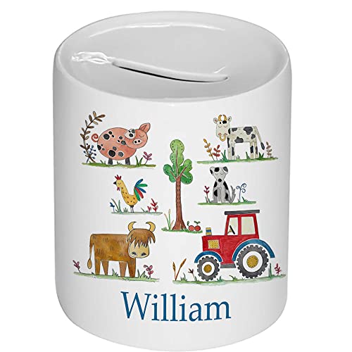 Personalised Baby Boy Money Box – Ceramic My First Savings Pot – Christening, 1st Birthday, Newborn Gift UK- More Designs (Farm)