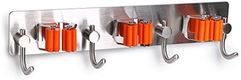 Decity 3M Self Adhesive Mop and Broom Holder SUS304 Stainless Steel Broom Hanger with Spring Clip (3-Holders with 4-Hooks,1pcs)