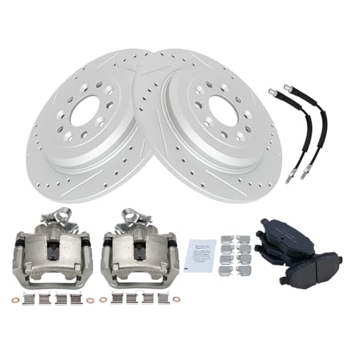 Image of TRQ Performance Rear Brake Pad and Rotor Set Ceramic Slotted Drilled G Coated 330mm Rotors Calipers Compatible with 2015-2018 Ford Flex 2015-2018 Lincoln MKT