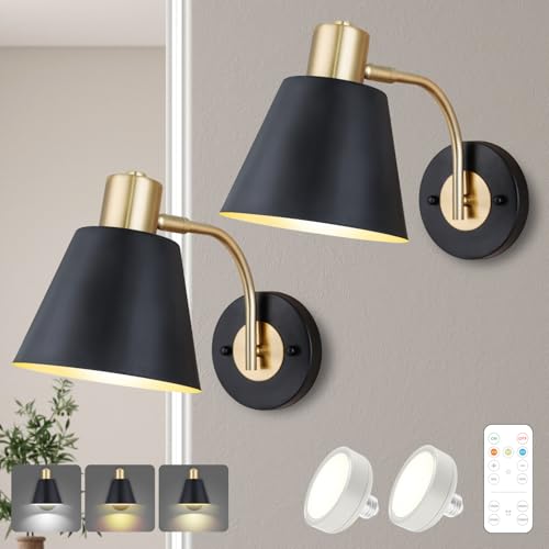 Troconce Black & Gold Wireless Battery Operated Wall Sconces Set of 2, Cordless Battery Powered Led Wall Lights with Remote & Bulb, Not Hardwired Dimmable Battery Wall Lamp Fixture for Room Decor