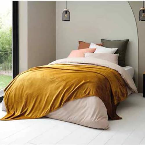 Couverture Plaid microvelours 240x260 miel grand modèle pour lit double