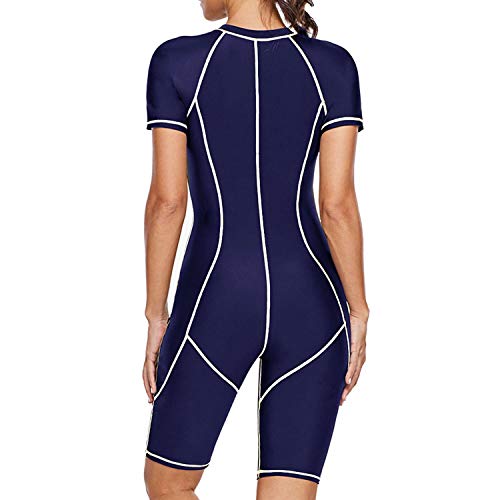 Jywmsc Damski zamek błyskawiczny z przodu kolorowy blok rashguard krótki rękaw jednoczęściowy strój kąpielowy surfingowy szorty, niebieski biały, 3XL