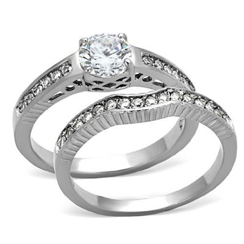 6x6mm Brilliant Cut CZ Tarnish Free Stainless Steel Wedding RINGS SET