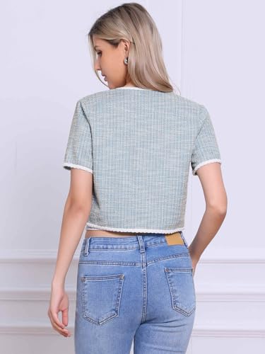Image of Allegra K Short Sleeve Tweed Jacket for Women Summer Crew Neck Button Front Cropped Cardigan