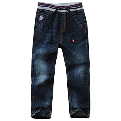 SellerFun Boys Kids Drawstring Elastic Mid Waist Washed Full Length Straight Trousers Denim Jeans (F,8 Years) Cover