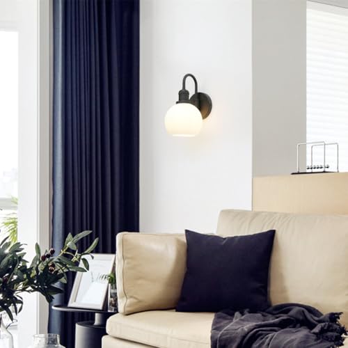 Image of Yosoan Boho Brass Vintage Bathroom Wall Sconce with Striped Shade, 1-Light Indoor Industrial Hardwired Wall Mounted Fixture, Frosted Milky White Ribbed Glass Shade for Bedroom Hallway(Black)