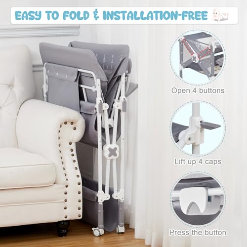 Portable Baby Changing Table, Babevy Foldable Diaper Change Table with Wheels, Adjustable Height, Cleaning Bucket, Changing Station for Infant Mobile Nursery Organizer for Newborn, Grey