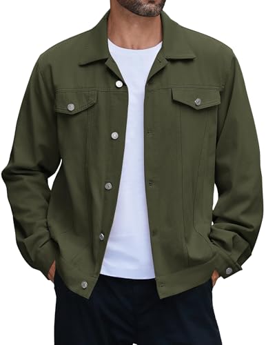 COOFANDY Army Green Denim Jacket Lghtweight Cotton Jacket Fashion Jean Jackets Casual Waxed Canvas Jackets