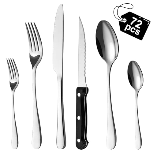BEWOS set posate da 72 pezzi con coltelli da bistecca per 12 person, posate in acciaio inox per la cucina, set di coltelli, cucchiai, forchette con lucidatura a specchio, lavabili in lavastoviglie