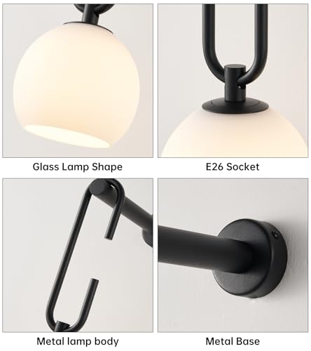 Image of Glass Globe Wall Sconces Set of 2, Battery Operated Wall Light with Remote, Indoor Wireless Wall Lights with Dimmable 12RGB Colors Light Bulbs for Bedroom Living Room Hallway(Black)