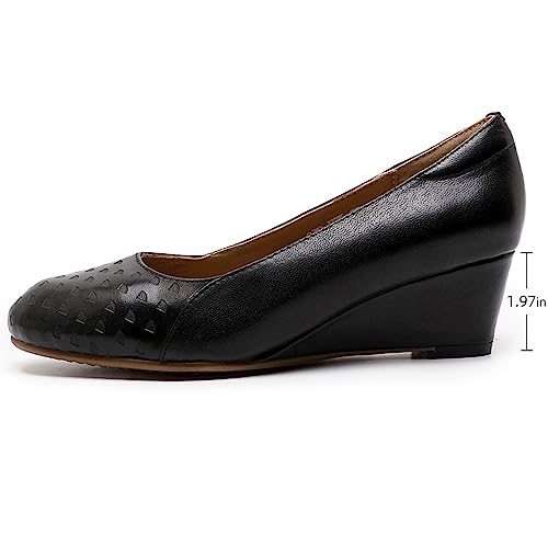 Image of Mona flying Women's Leather Closed Toe Mid Heel Wedges Comfy Dress Pumps