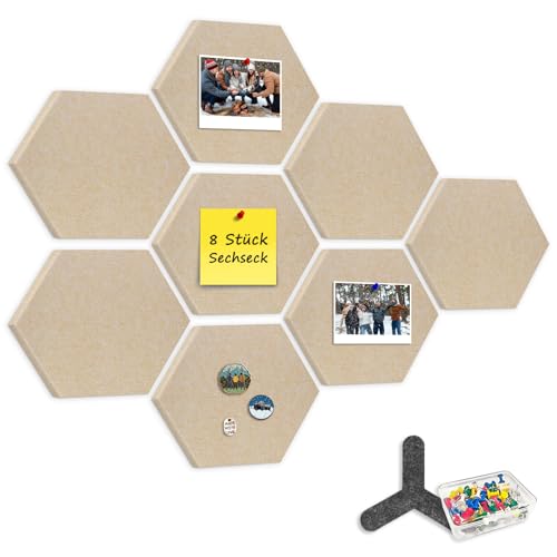 CUHIOY Lot de 8 tableaux en liège autocollants de 12 mm - Tableau d'affichage hexagonal en feutre avec 80 punaises - Tableau mémo à suspendre - Tableau bulletin décoratif pour chambre d'enfant, bureau