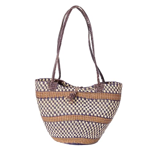 AYÉYA Handwoven African Shoulder Tote Basket – Large Market Bag with Leather Straps – One-of-a-Kind Wicker Garden, Harvest, or Shopping Basket – Handmade in Ghana
