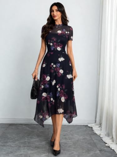 Image of GothDark Women's Wedding Guest Floral Print Vintage Goth Dress Mesh Spliced Double-Layered Irregular Hemline Midi Dresses