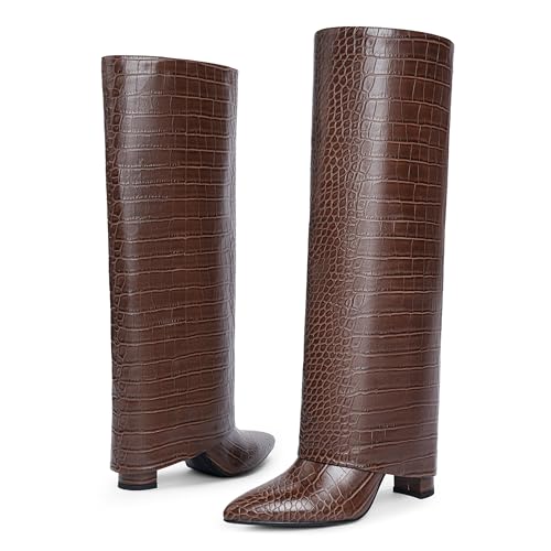 Image of Knee High Boots Women Fold Over Boots Chunky Heel Pointed Toe Tall Boots | Fashion Slouchy Boots,Side Zipper Shark Boots,Fall Spring Winter Fashion Dress Tall Boots,Evening Bridal office Long Boots