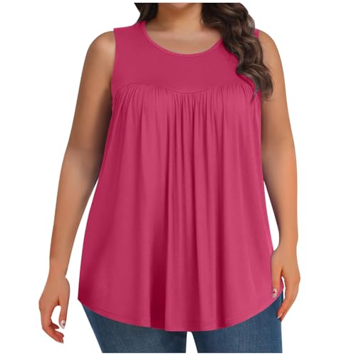 MEILANFONE Tummy Hiding Outfits for Women, Plus Size Sleeveless Tank Tops Loose Fit Summer Casual Round Neck Flowy Shirts Hot Pink 5XL