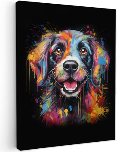 MuchoWow© Impressions sur Toile 30x40 cm Deco Tableau Murale Decoration Salon Peinture Tableaux Chambre Toiles Maison Graffiti - Chien - Noir - Couleurs - Banksy