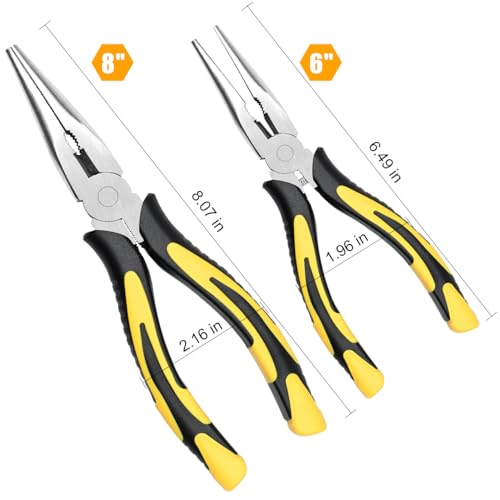 ZUZUAN Premium VISE-GRIP Long Needle Nose Pliers- 8” & 6’’ , Paper Clamp Precision, High Carbon Steel, Soft Grip with Wire Cutter, Long Nose Cutting Pliers for Home, Fishing, Jewelry, Crafts，2pcs
