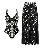 New Summer Women's Laser Cut Out Halter Sexy Hollow Out One Piece Swimsuit Skirt Set, Fashionable Pool Outfit (Black)