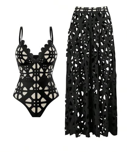 New Summer Women's Laser Cut Out Halter Sexy Hollow Out One Piece Swimsuit Skirt Set, Fashionable Pool Outfit (Black)