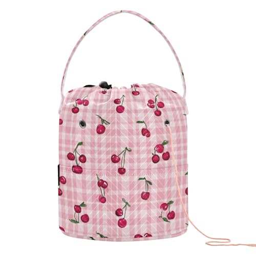 Image of Tatenale Crochet Bag Yarn Bag Knitting Project Bag with Pockets and Handle Portable Yarn Storage Organizer Tangle Free 8.3x11 InchPink Cute Checkered Cherry13